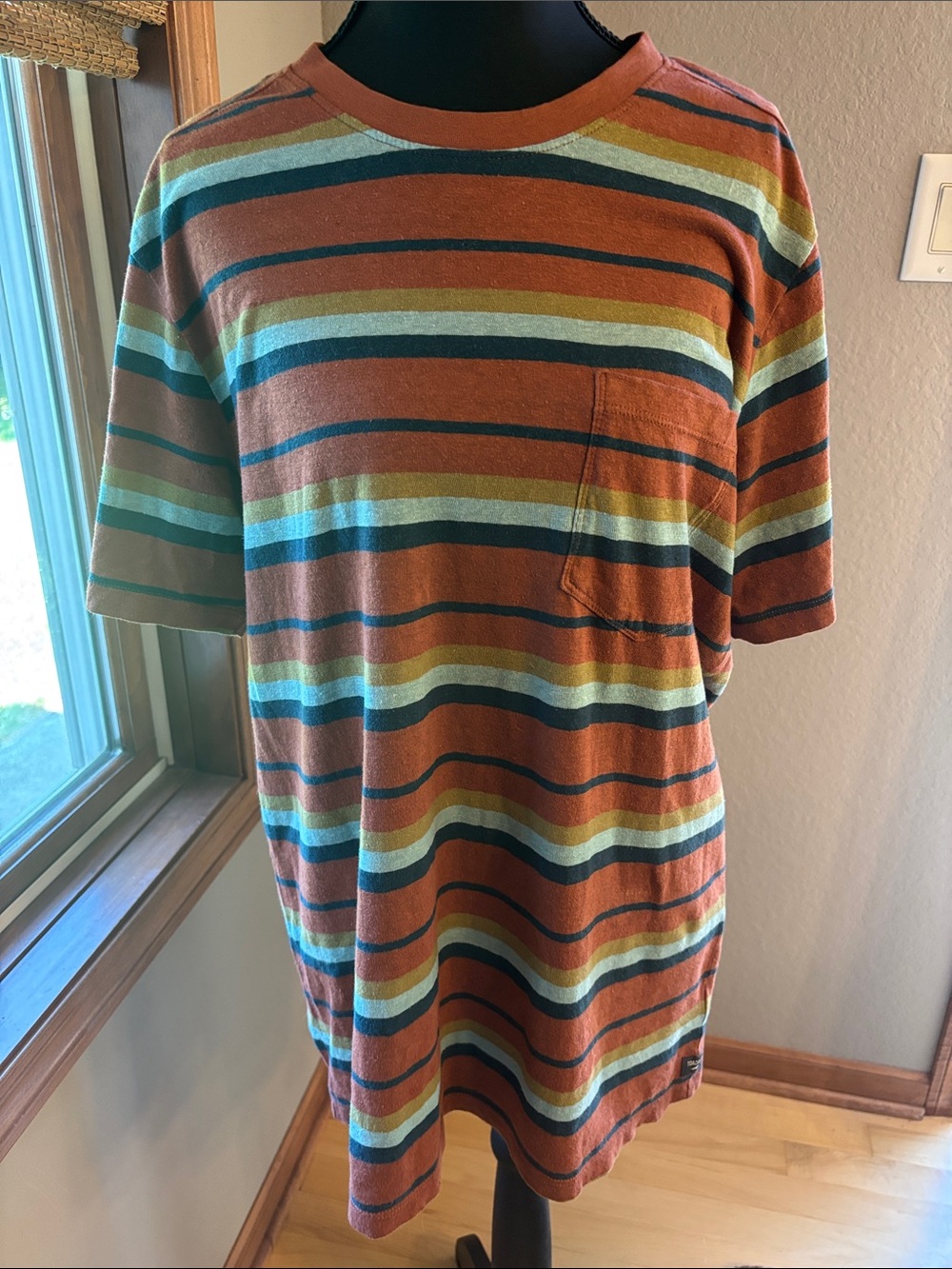 Toad&Co Rust and Teal Striped Tee with Pocket